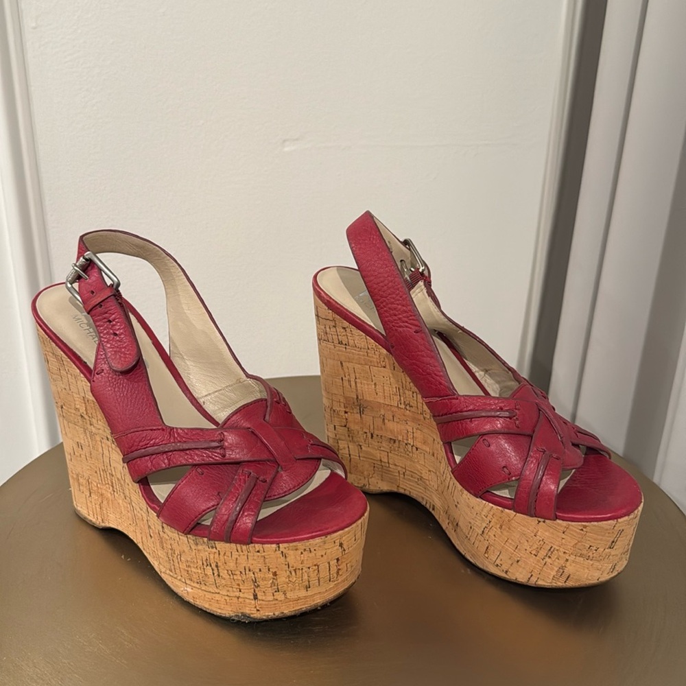 Michae Kors‎ Red Leather Wedge Cork Sandal